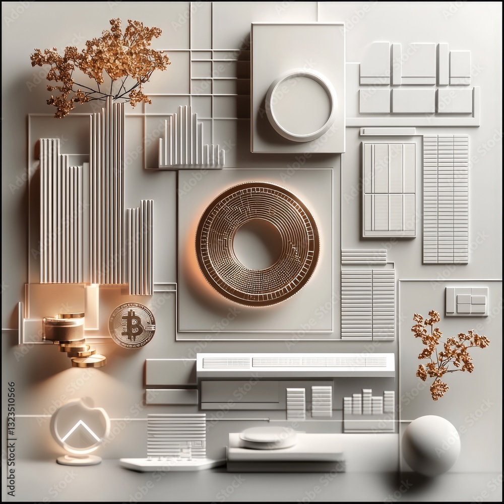 Poster A sleek 3D-rendered composition representing diverse asset categories in a minimalist and elegant style. a balanced, symmetrical arrangement of abstract icons representing key asset.