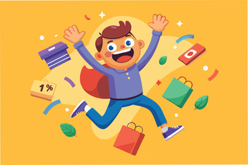Excited boy celebrating successful shopping with various colorful packages and discount tags in a cheerful setting