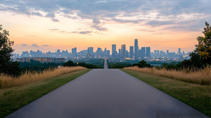 Elevated Road Leading Towards Cityscape Silhouette At Sunset With Orange And Blue Sky