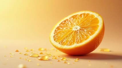 Fototapeta premium A juicy orange half rests on a soft surface, glistening with droplets of its own essence, bathed in warm, golden light.