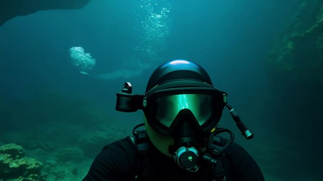 Camera rotates around a figure in a vr helmet resembling a deep sea diver in dark underwater cave, low key lighting, 360-degree video, establishing scene