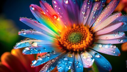 Obraz premium Crystal-clear morning dew on flower petals, reflecting a prismatic rainbow light, creating a magical, colorful effect