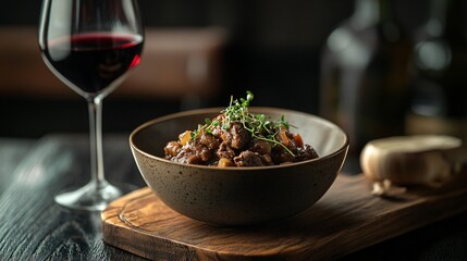 Gourmet beef goulash paired with a vintage red wine glass, served in a handcrafted artisanal bowl, on a dark wooden cutting board with moody lighting