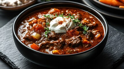 Gourmet-style goulash in a deep black bowl, artistically plated with a swirl of sour cream, thyme sprigs, and a dusting of smoked paprika, set on a sleek slate background