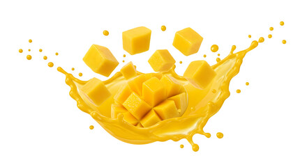 Juicy Mango Cubes Splashing in Liquid on Transparent Background