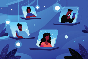 A vibrant metaverse dating café scene  Avatars of diverse appearances engage in lively conversations, showcasing futuristic furniture and holographic displays.