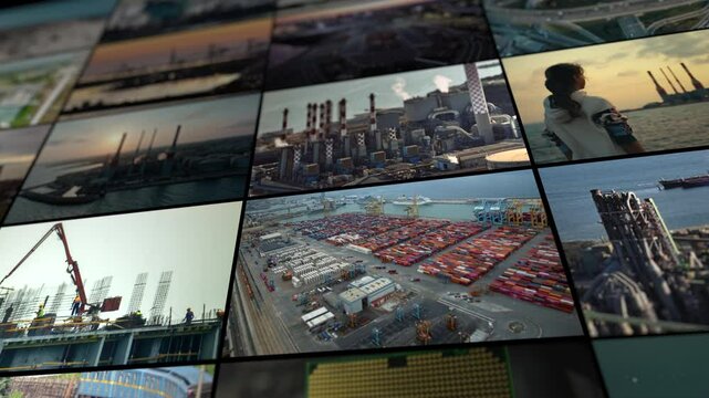 Collage of industrial landscapes with factories, power plants, and transportation logistics, showing truck deliveries and business processes at ports. High quality 4k footage