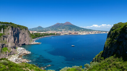 Obraz premium Scenic Coastal Landscape View Of Mountainous Island And Calm Blue Sea Under Sunny Sky