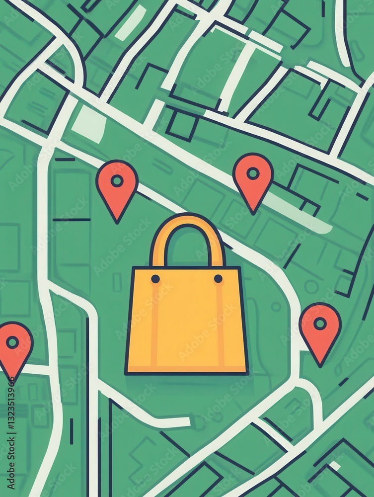 Aufkleber delivery route map illustration featuring grocery bag icon and location pins in a clean design for e