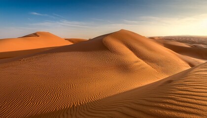Golden Sand Dune Serenity. Close-up soft dunes, wavy wind patterns. Warm desert tones. Timeless & tranquil landscape.