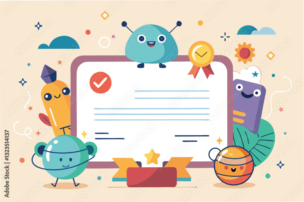 Aufkleber Fun vector illustration of a cheerful certificate surrounded by playful characters and vibrant plants, creating a whimsical environment for learning and achievement