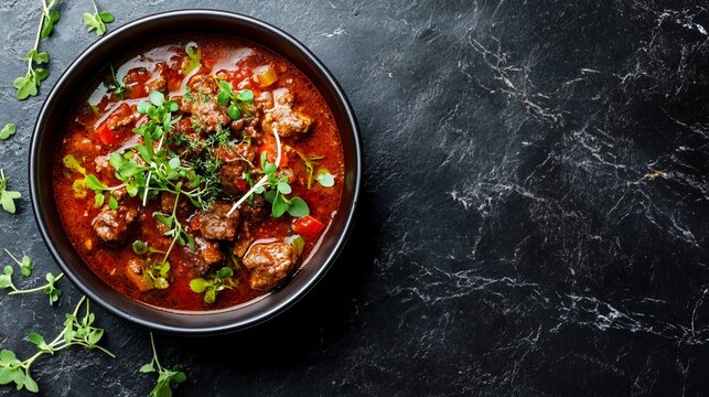 Minimalist presentation of a gourmet goulash, served with delicate microgreens and a drizzle of olive oil, placed on a matte black marble background with a subtle texture