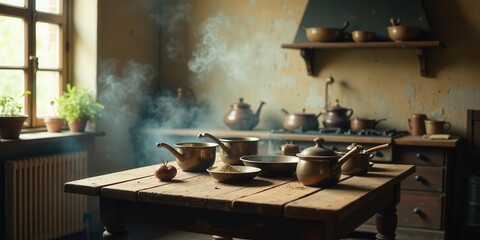 A rustic kitchen scene with antique cookware, steaming food, and herbs on a wooden table