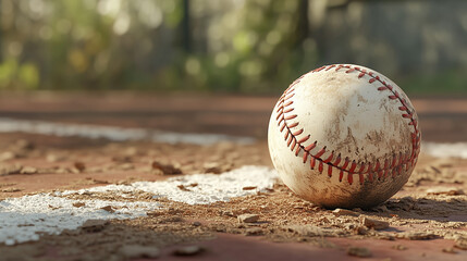 wellused baseball rests on the dusty infield dirt near the foul line in the warm afternoon sun