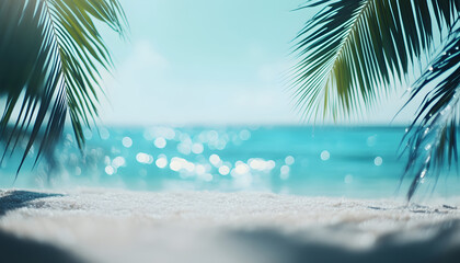 Fototapeta premium Panorama view on beautiful sunset and tropical beach. Relaxation and calmness beach holiday, resort or hotel. Summer vacation on tropical beach landscape