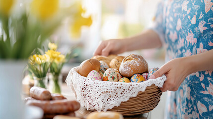 Kobieta Szykująca Wielkanocny Koszyczek, Święconka, Wielka Sobota, Święcenie Pokarmów, Katolicka Tradycja na Wiosenne Święta, Kosz, Koszyk z Pisankami, Chlebem i Wędliną.