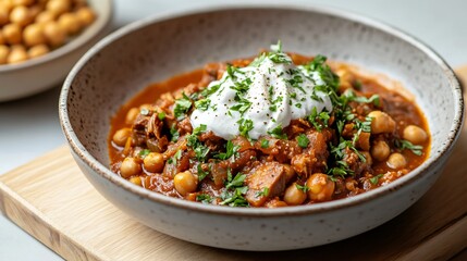 Vegan gourmet goulash with slow-cooked jackfruit, coconut cream drizzle, and roasted chickpeas, elegantly plated on a minimalist stoneware dish