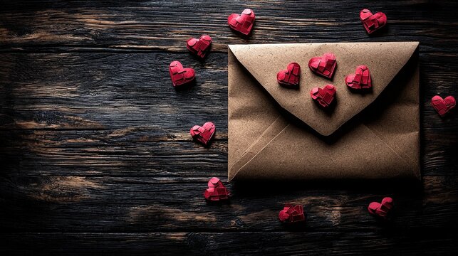 Charming brown envelope decorated with red hearts adding a touch of love for special messages and notes