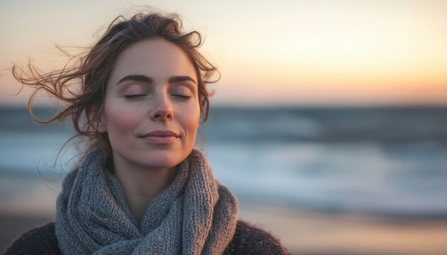 In the tranquil embrace of the ocean's edge, a woman finds solace in meditation, her spirit attuned to the gentle rhythm of the waves, a symphony of serenity that resonates deep within her soul, as