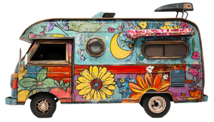 Vintage Camper Van Art Flower Power Mobile Home on transparent background