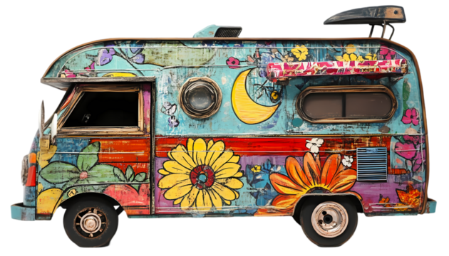 Vintage Camper Van Art Flower Power Mobile Home on transparent background