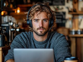 In the warm embrace of a bustling cafe, a remote worker diligently focuses on his laptop screen, participating in an online conference The aroma of freshly brewed coffee fills the air, complementing