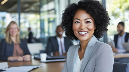Happy Confident Female, Multiracial, Asian Businesswoman, Corporate Leader Posing in Meeting Room with Team Working at Desks, Looking at Camera, Smiling.