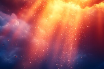 Obraz premium Ethereal Light Beams Radiate Through Vibrant Sunset Clouds - Perfect for Dreamy Wall Art or Inspirational Posters