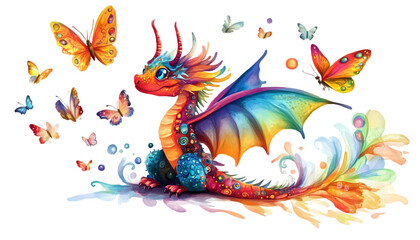 Rainbow Dragon  Butterflies Cute Fantasy Art on transparent background
