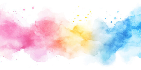 Fototapeta premium Watercolor colorful pastel color background splash, with pink, blue, and yellow on a white background.