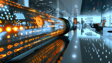 Futuristic data transmission through an illuminated glass fiber optic tube