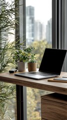 Fototapeta premium Stylish laptop placed on an organized desk ready for work in a modern office environment