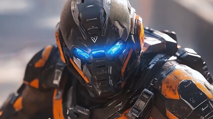 Fototapeta premium A battle-ready soldier in heavy black and orange armor with glowing blue eyes, standing firm on a post-apocalyptic battlefield, prepared for action.
