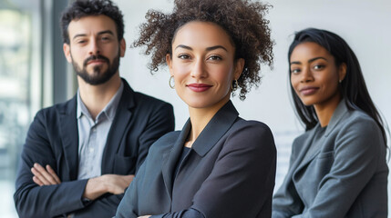 Confident Diverse Business Team with Female Leader in Office, DEI, DEIB, Inclusive Leadership, Young Professionals, Department Collaboration.