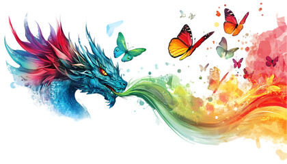 Rainbow Dragon  Butterflies Watercolor Art on transparent background