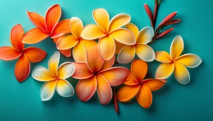 Bright yellow and orange plumeria flowers on a vibrant turquoise background, creating a fresh, tropical, and lively atmosphere