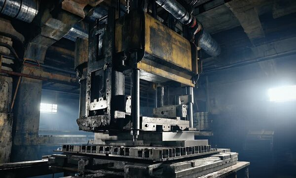 high-speed industrial stamping press shaping solid metal pieces with extreme pressure for large-scale mechanical and automotive manufacturing