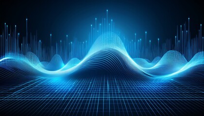 fluctuating vibrant glowing digital waveforms on a black grid background