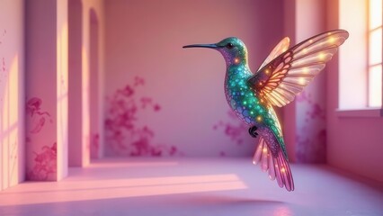 Obraz premium Illuminated Hummingbird in a Serene Pink Room, Gracefully Hovering Mid-Flight, Wings Aglow