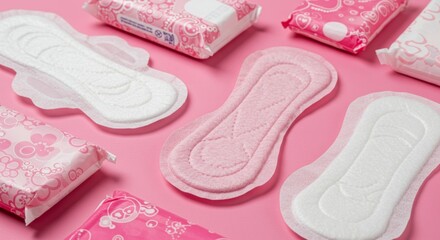 Sanitary pads and packaging on a pink background. Feminine hygiene products for comfort and protection during menstruation