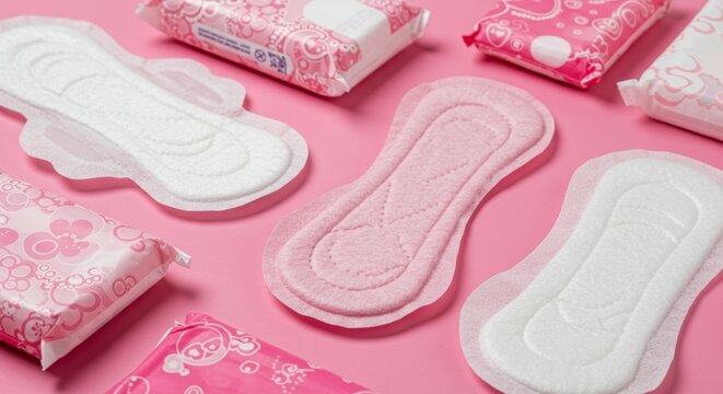 Sanitary pads and packaging on a pink background. Feminine hygiene products for comfort and protection during menstruation
