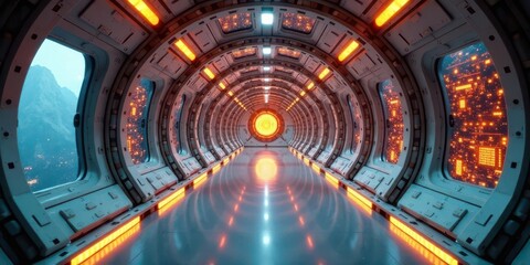 Obraz premium Futuristic spaceship corridor with glowing orange lights and large windows showcasing a vibrant landscape