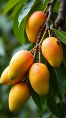 Ripe Plum Mango Fruits Hanging on Tree Branch Tropical Close Up