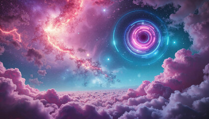 Fototapeta premium Cosmic landscape with colorful clouds and swirling galaxies