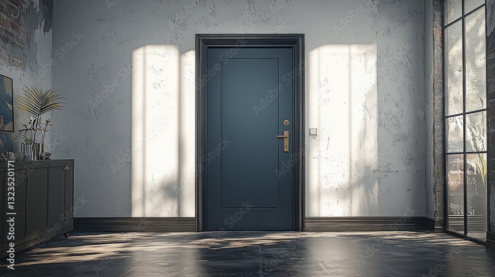 Poster a door product display space, the door is a dark gray double door, simple and elegant, with rich des