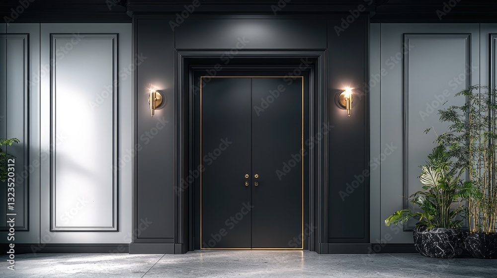Poster a door product display space, the door is a dark gray double door, simple and elegant, with rich des