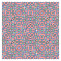 A geometric pattern featuring overlapping star and teardrop shape, with vibrant red, blue, and green line work on a light background.