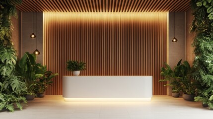 Fototapeta premium Modern hotel lobby with reception desk and green plants