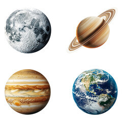 Realistic Planet Collection – Earth, Moon, Jupiter, and Saturn Isolated PNG