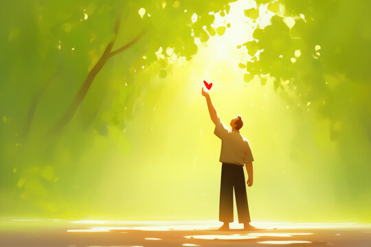Inspirational digital painting of a man reaching toward light with a heart in his hand, symbolizing faith, love, hope, and divine connection..